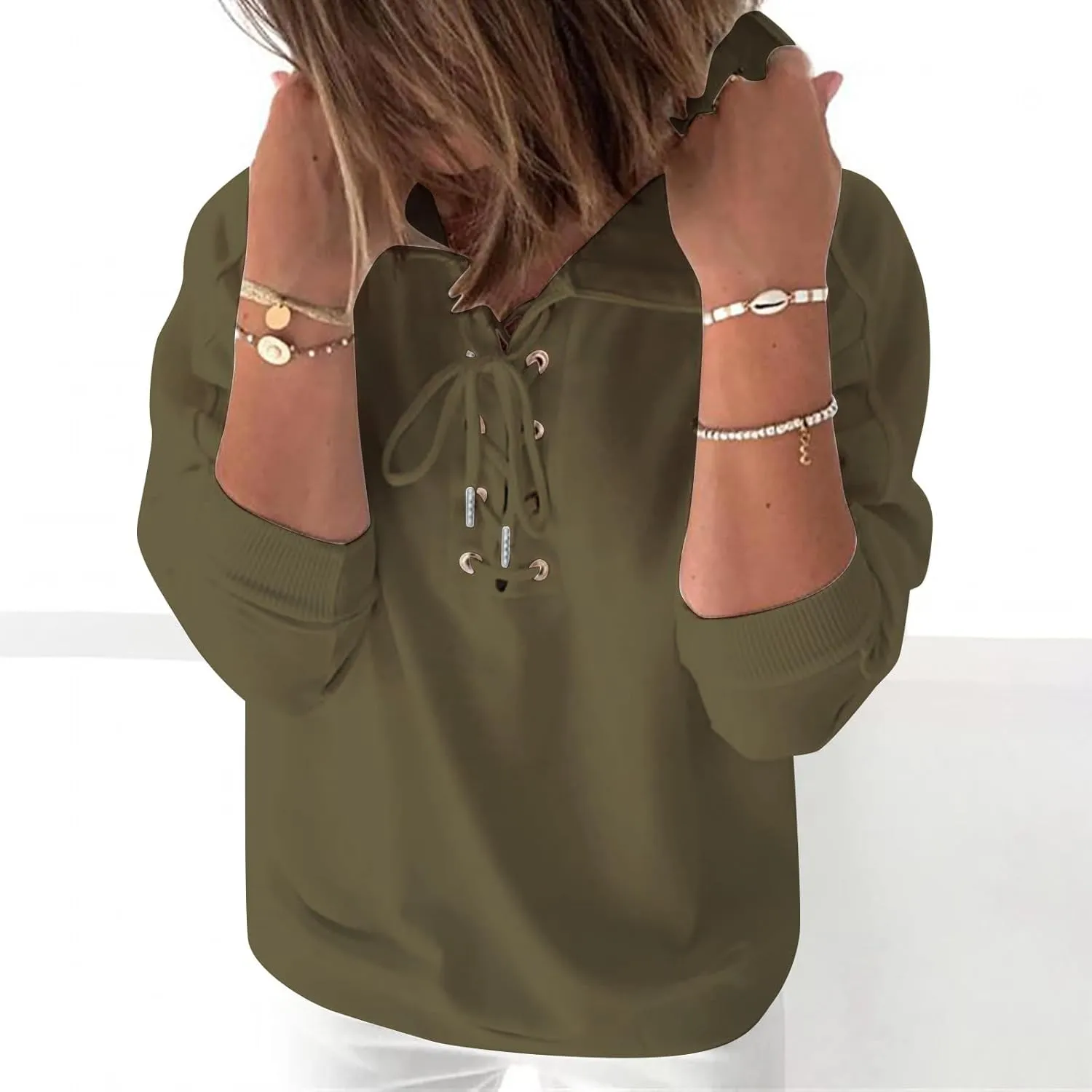 Ceboyel Womens Fashion Hoodies Lace Up V Neck Pullover Tops Long Sleeve Fall Sweatshirt Trendy Teen Girls Outfits 2023