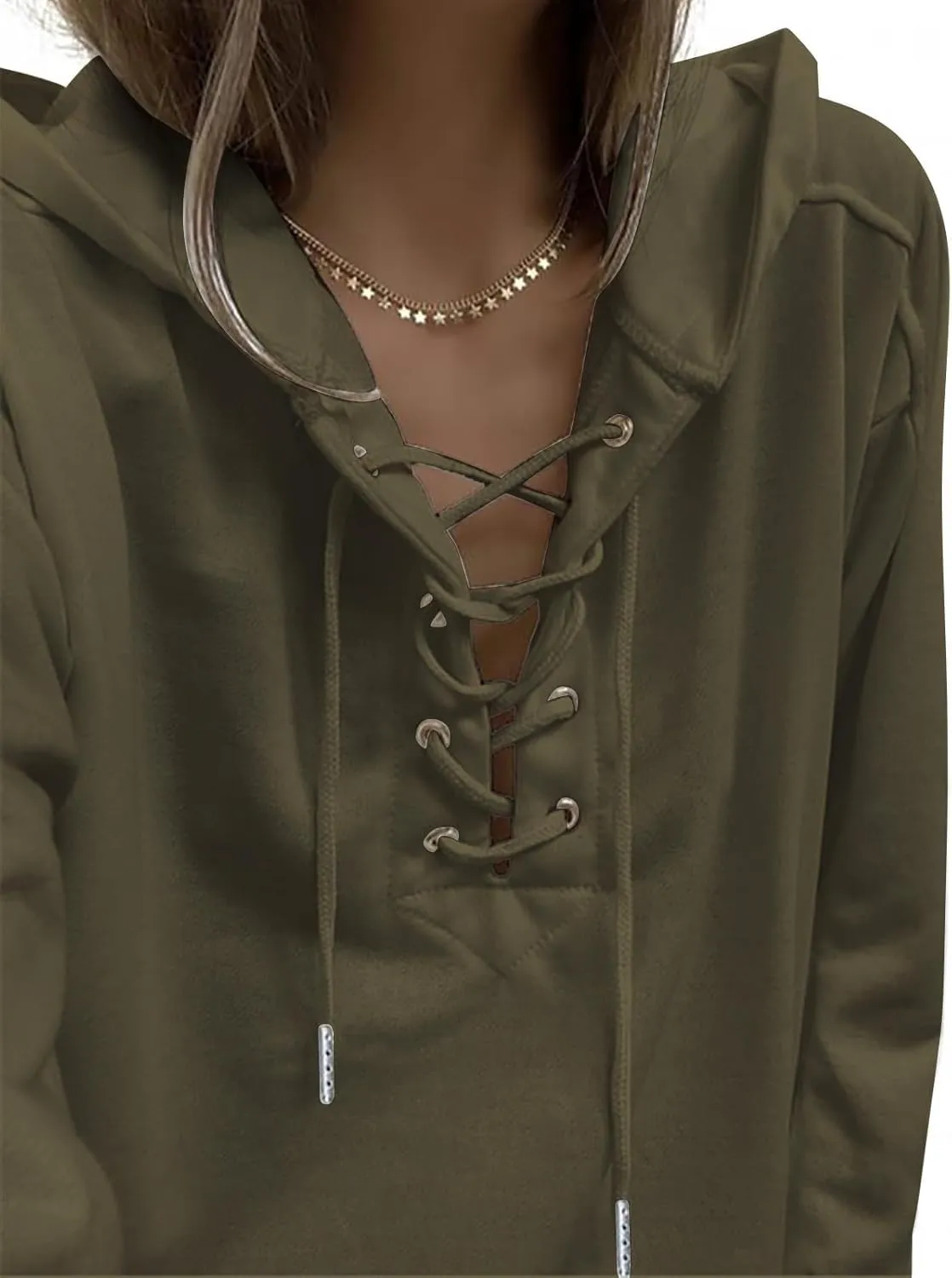 Ceboyel Womens Fashion Hoodies Lace Up V Neck Pullover Tops Long Sleeve Fall Sweatshirt Trendy Teen Girls Outfits 2023