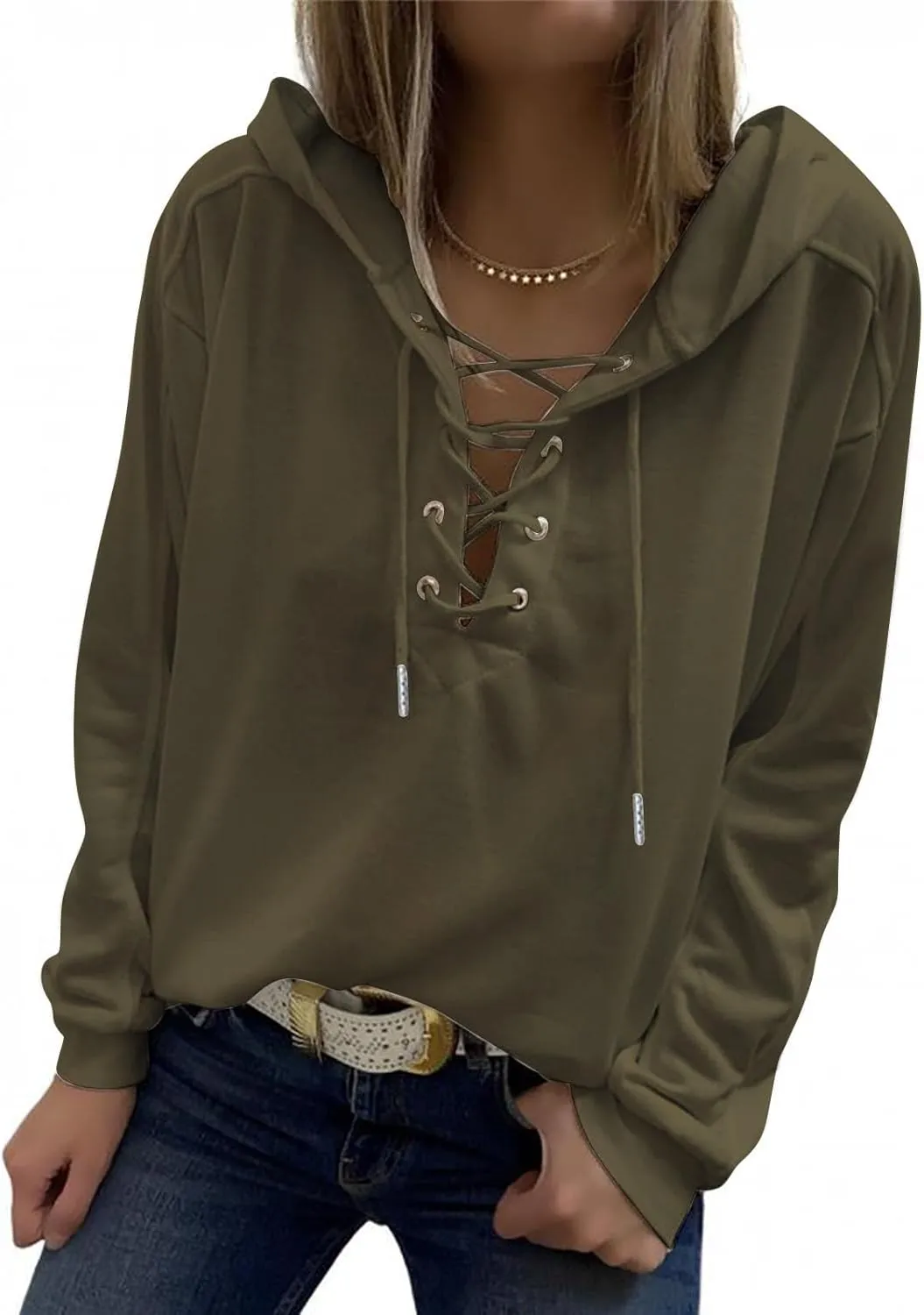 Ceboyel Womens Fashion Hoodies Lace Up V Neck Pullover Tops Long Sleeve Fall Sweatshirt Trendy Teen Girls Outfits 2023