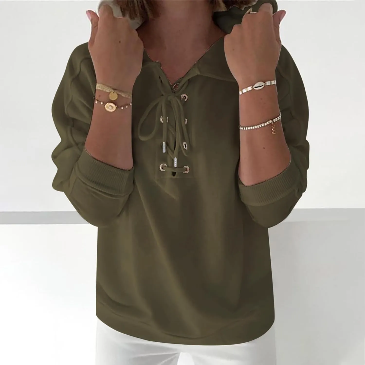 Ceboyel Womens Fashion Hoodies Lace Up V Neck Pullover Tops Long Sleeve Fall Sweatshirt Trendy Teen Girls Outfits 2023
