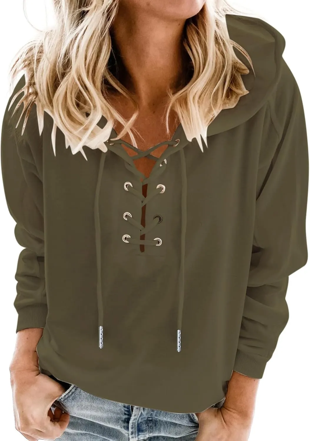 Ceboyel Womens Fashion Hoodies Lace Up V Neck Pullover Tops Long Sleeve Fall Sweatshirt Trendy Teen Girls Outfits 2023