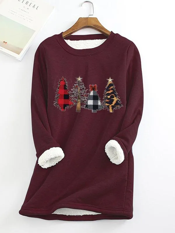 Christmas Tree Printed Sherpa Lined Fleece Pullover Sweatshirt