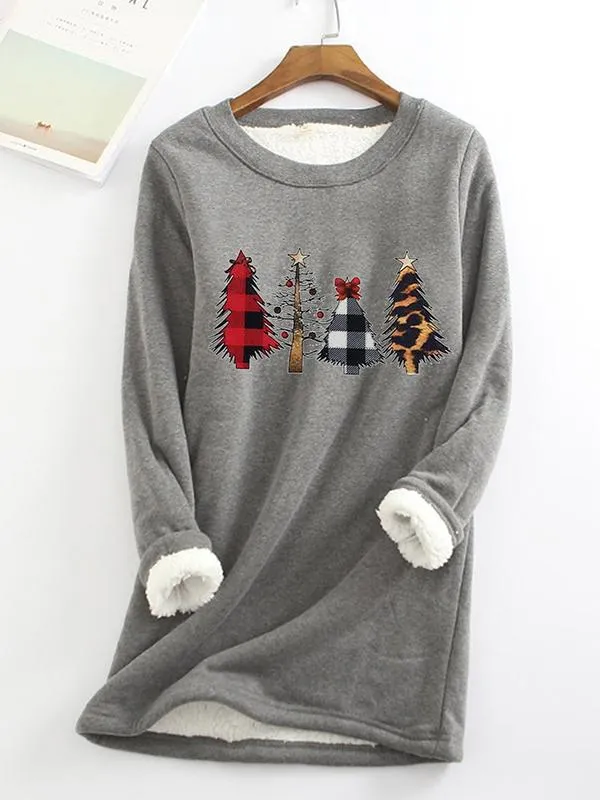 Christmas Tree Printed Sherpa Lined Fleece Pullover Sweatshirt