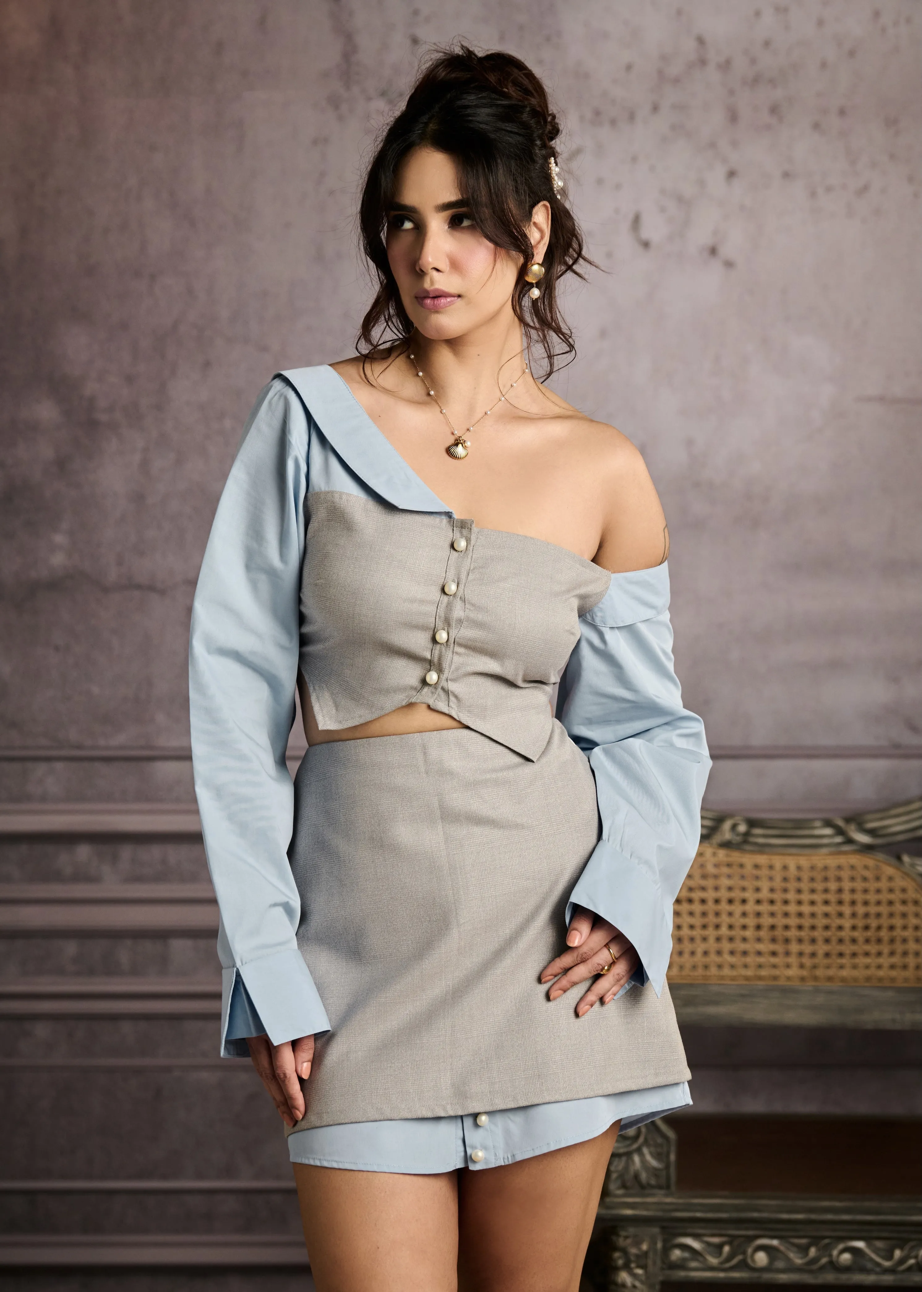Fia Grey Plaid and Blue Tailored Mini Skirt