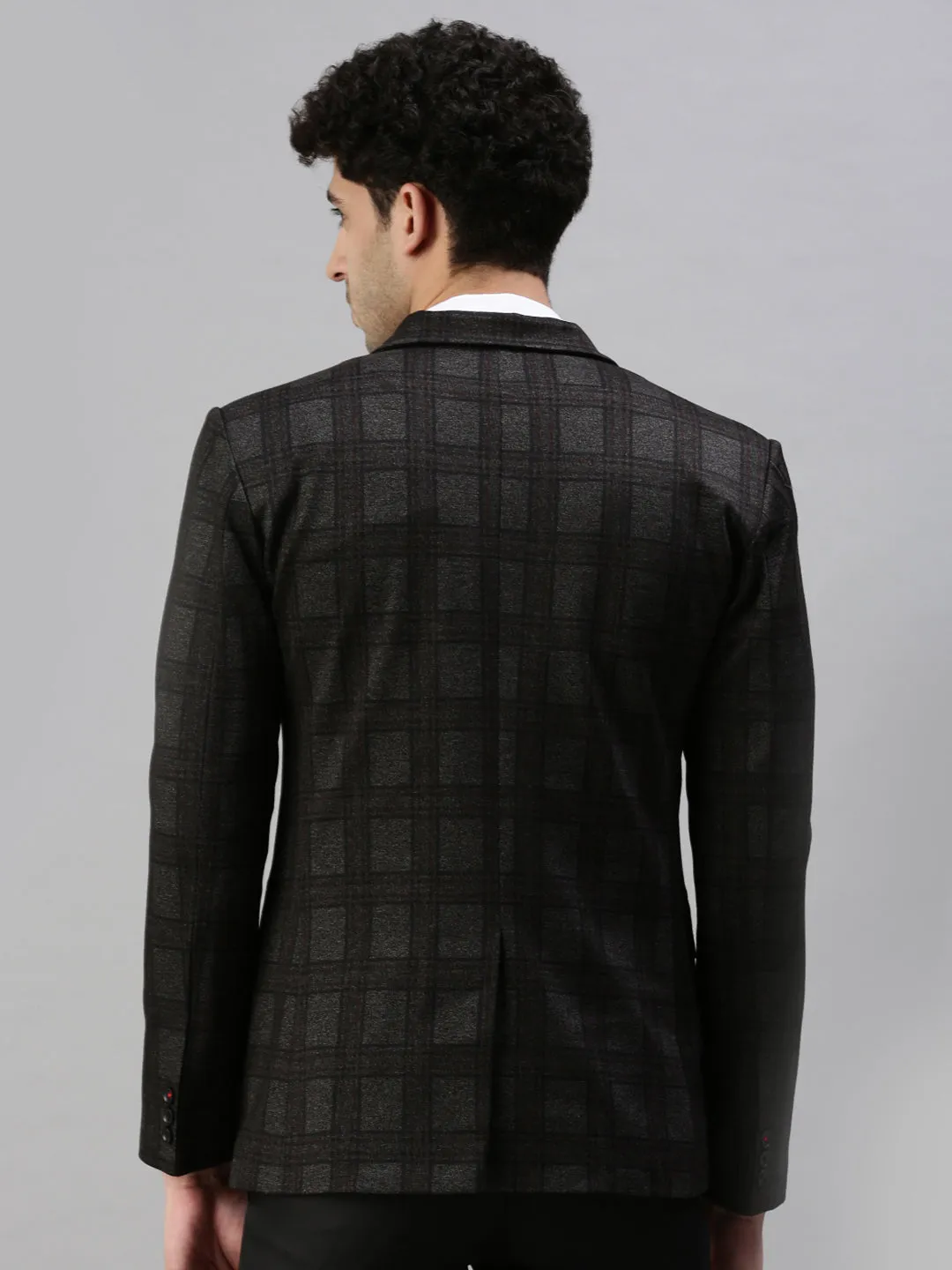 Men Black Checked Single-Breasted Slim-Fit Formal Blazer