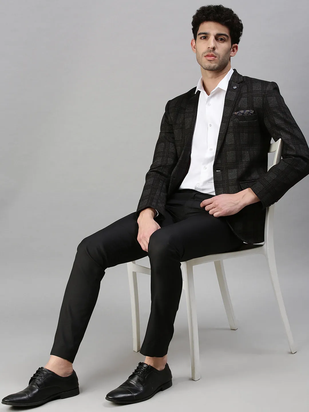 Men Black Checked Single-Breasted Slim-Fit Formal Blazer