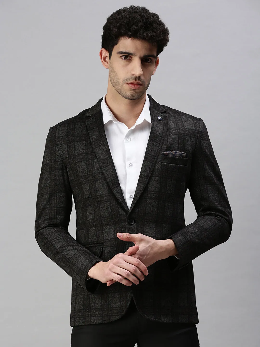 Men Black Checked Single-Breasted Slim-Fit Formal Blazer