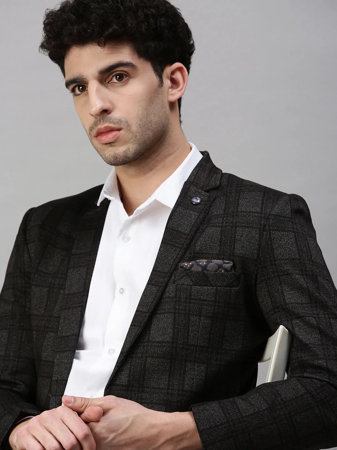 Men Black Checked Single-Breasted Slim-Fit Formal Blazer