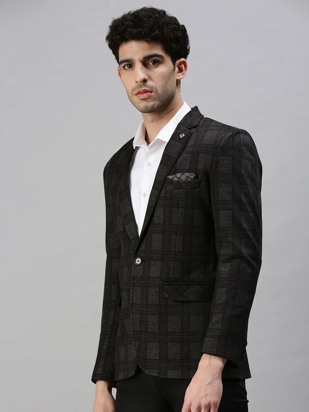 Men Black Checked Single-Breasted Slim-Fit Formal Blazer