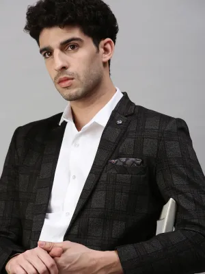 Men Black Checked Single-Breasted Slim-Fit Formal Blazer