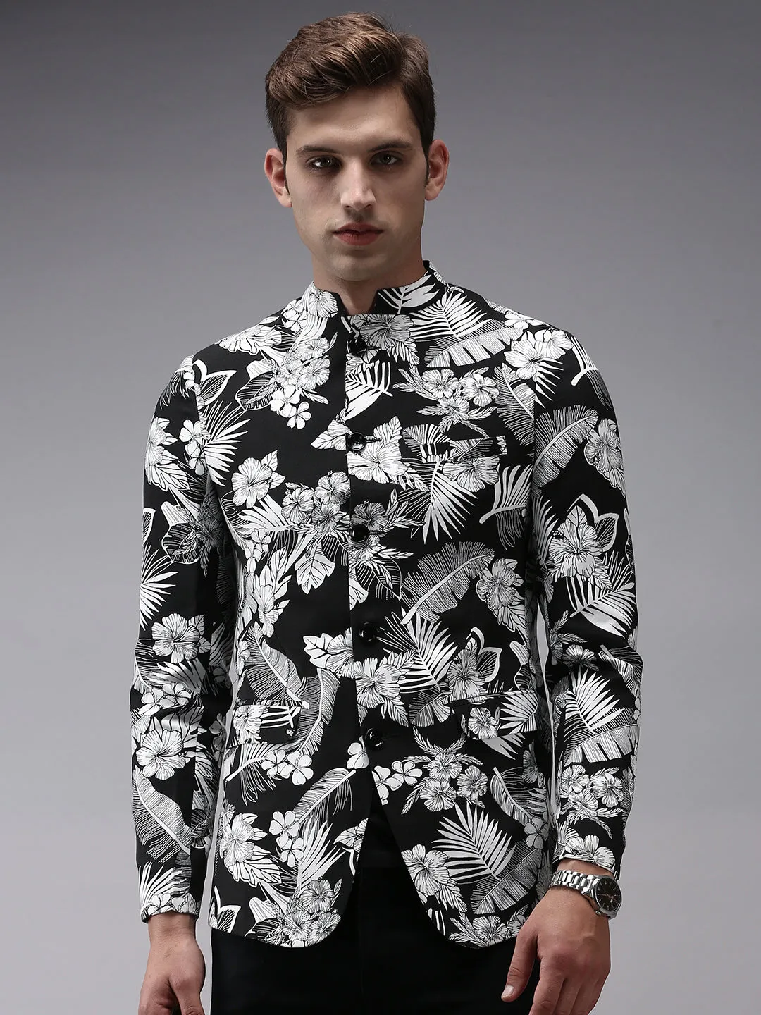 Men Black Printed Bandhgala Blazer