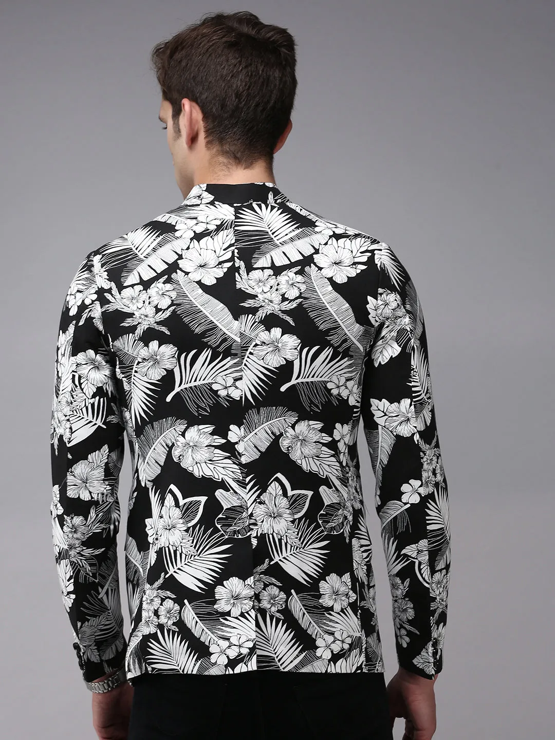 Men Black Printed Bandhgala Blazer