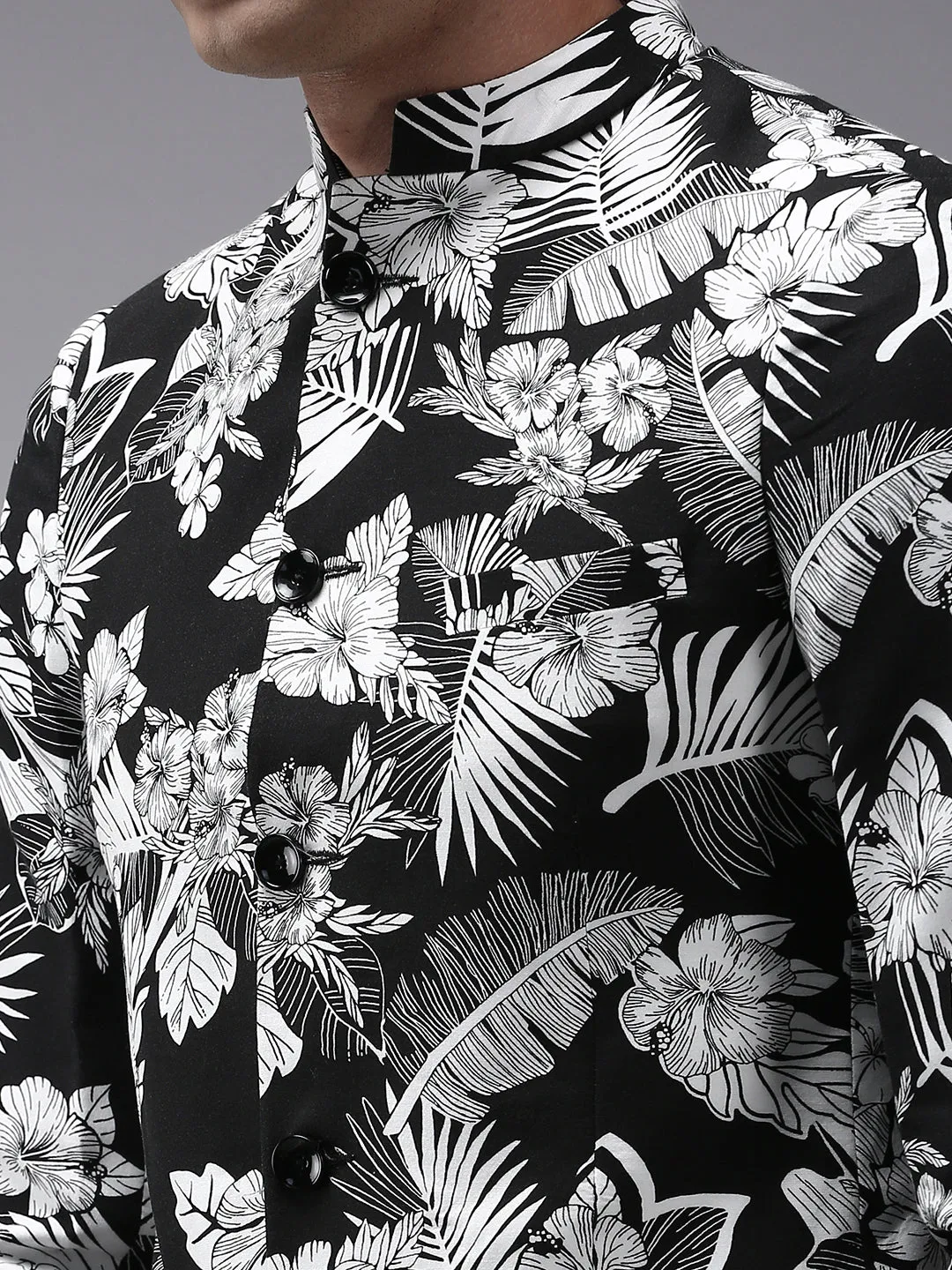 Men Black Printed Bandhgala Blazer