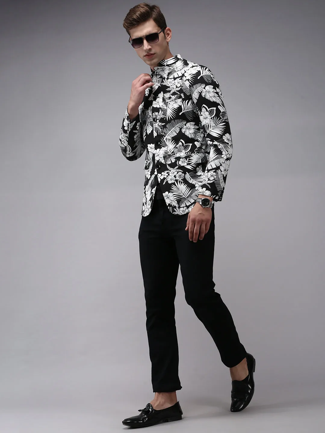 Men Black Printed Bandhgala Blazer