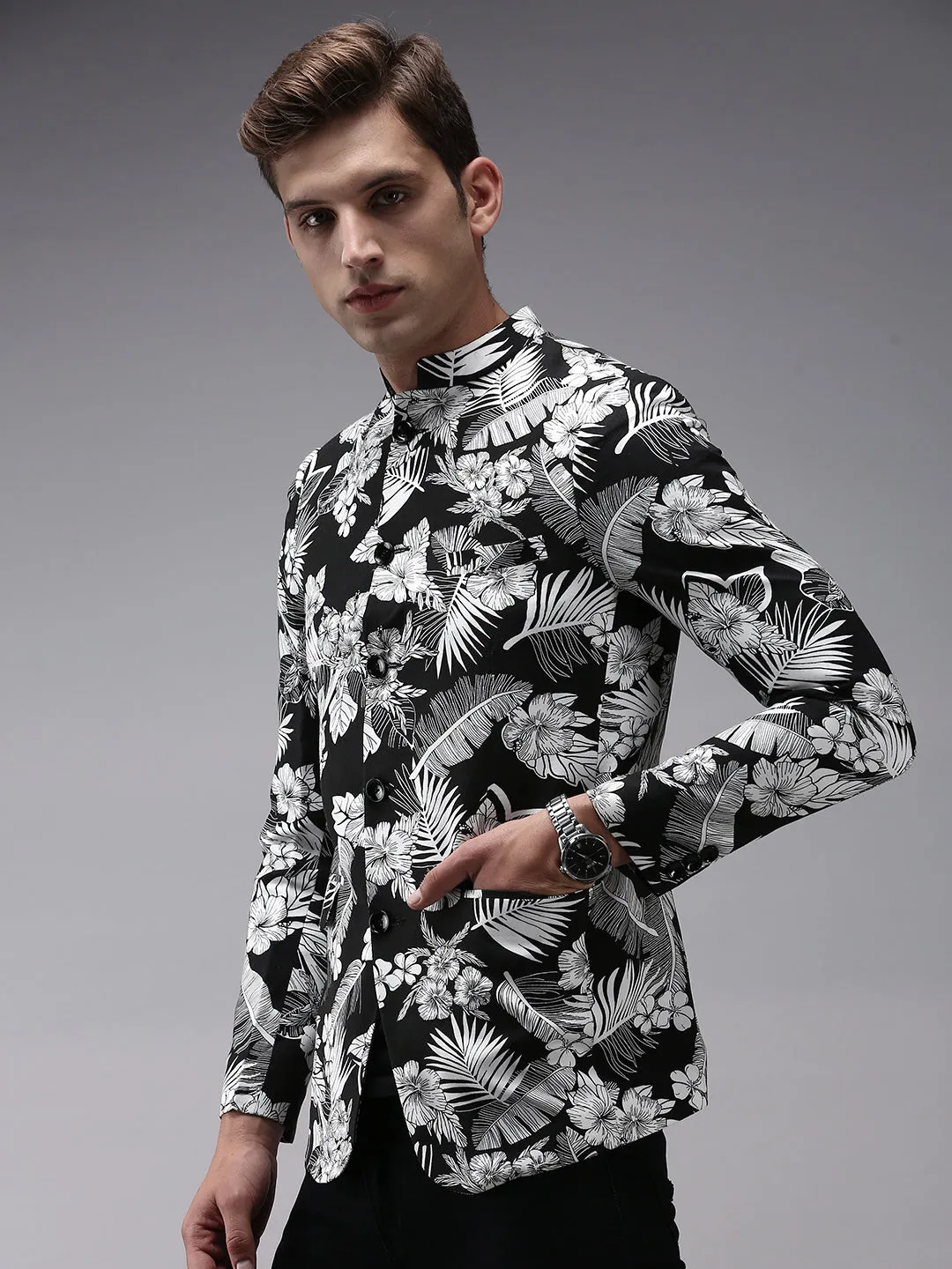 Men Black Printed Bandhgala Blazer