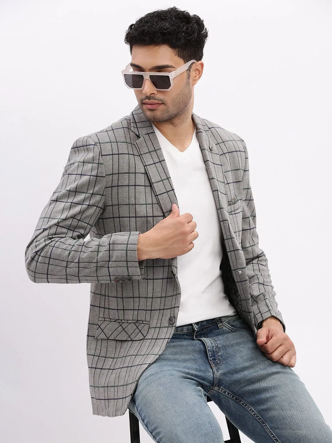 Men Checked Grey Notched Lapel Collar Single Breasted Blazer