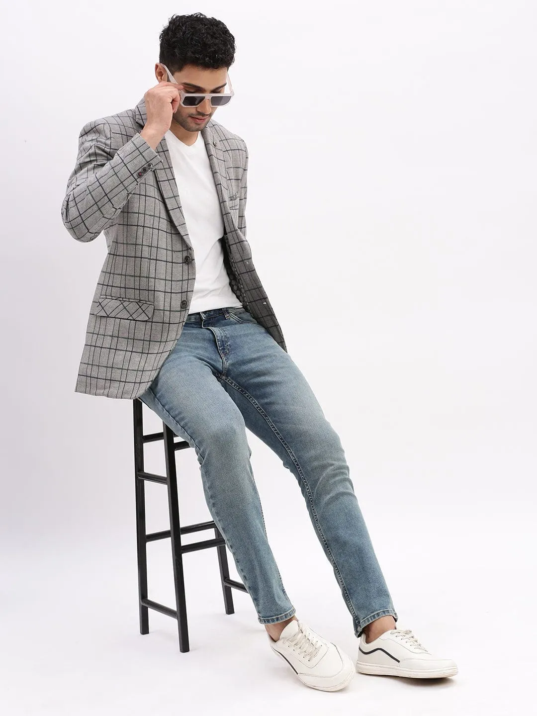 Men Checked Grey Notched Lapel Collar Single Breasted Blazer