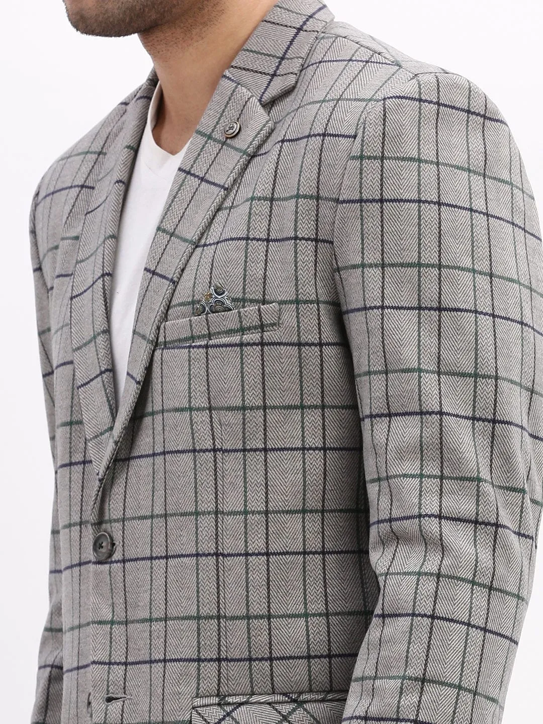Men Checked Grey Notched Lapel Collar Single Breasted Blazer