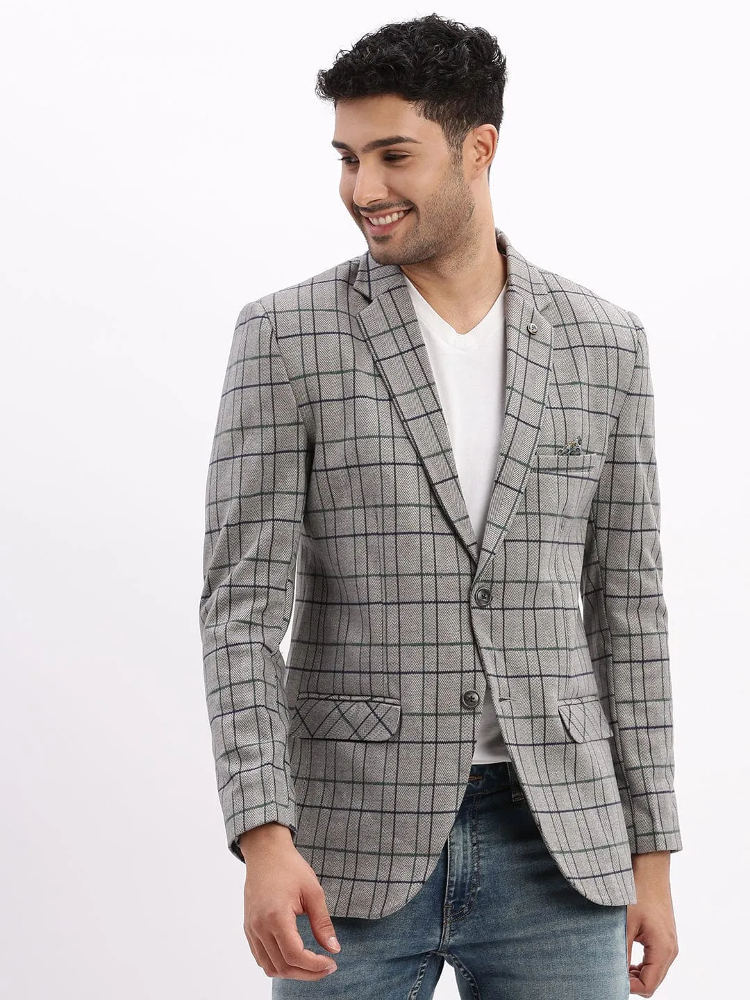 Men Checked Grey Notched Lapel Collar Single Breasted Blazer