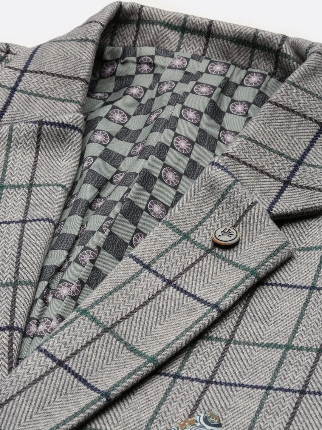 Men Checked Grey Notched Lapel Collar Single Breasted Blazer