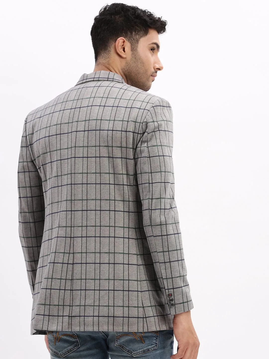 Men Checked Grey Notched Lapel Collar Single Breasted Blazer