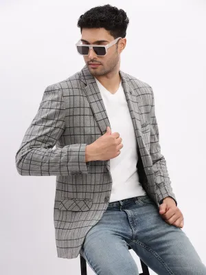 Men Checked Grey Notched Lapel Collar Single Breasted Blazer