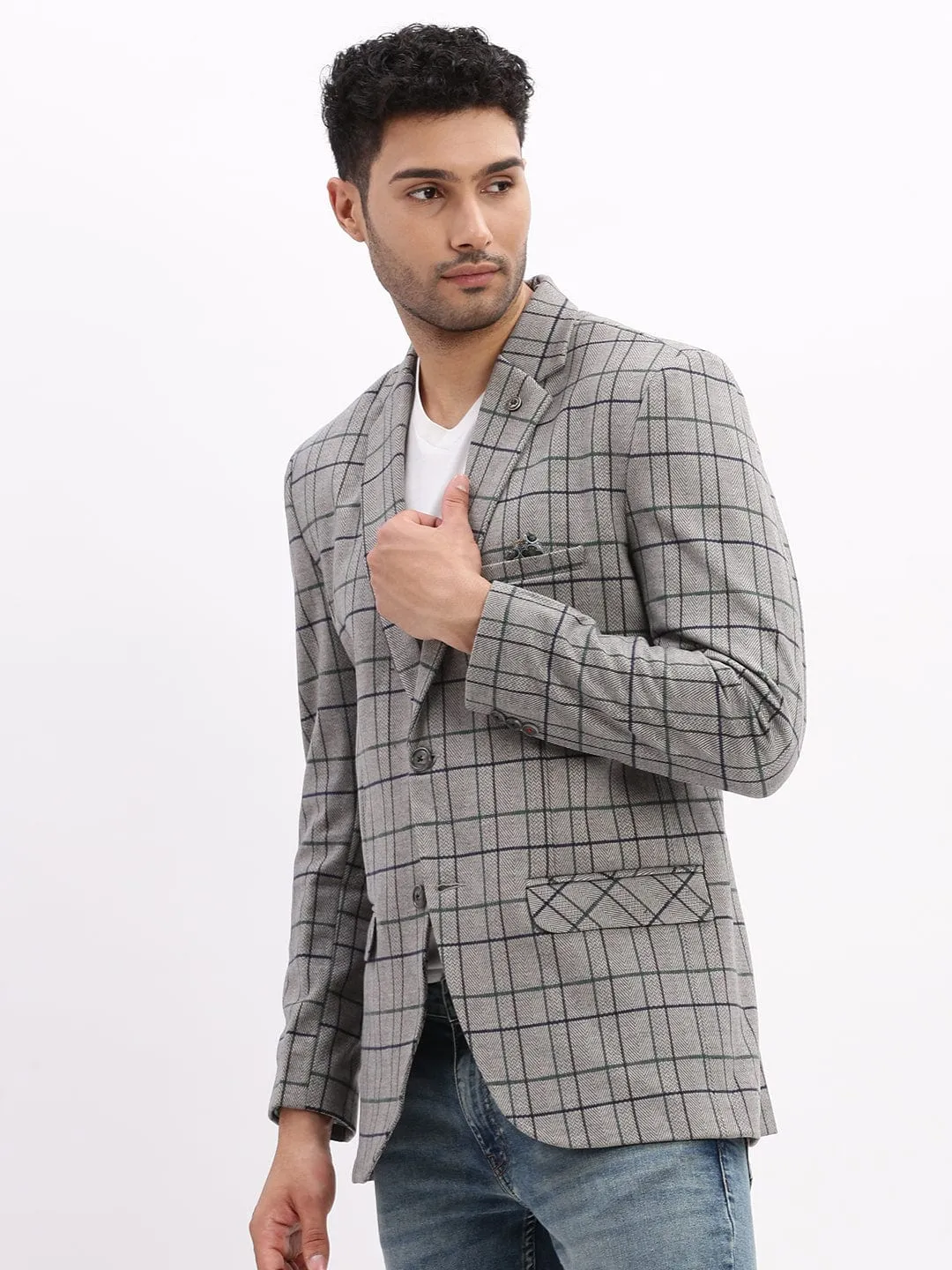 Men Checked Grey Notched Lapel Collar Single Breasted Blazer