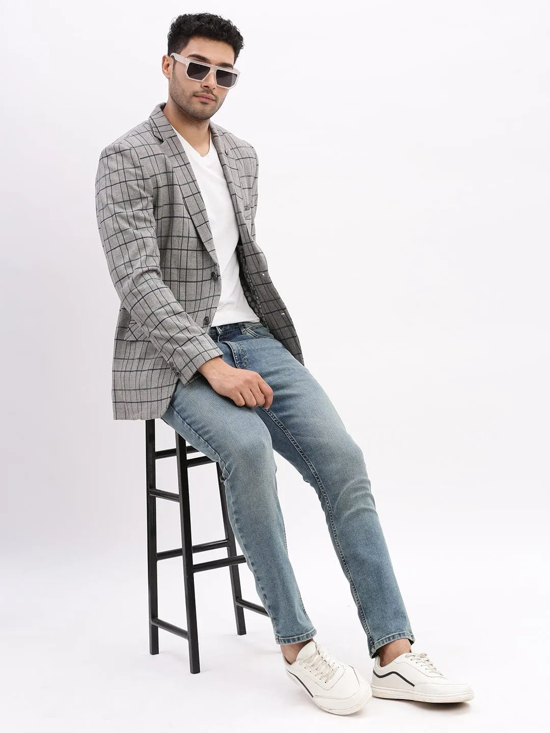 Men Checked Grey Notched Lapel Collar Single Breasted Blazer