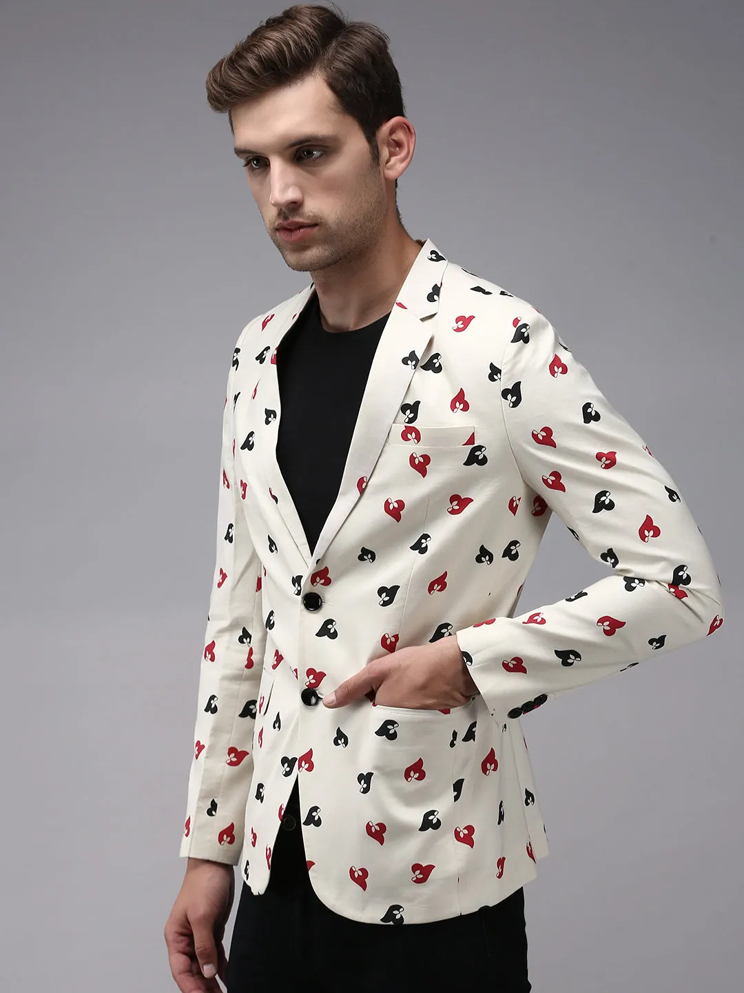 Men Cream Printed Single-Breasted Blazer