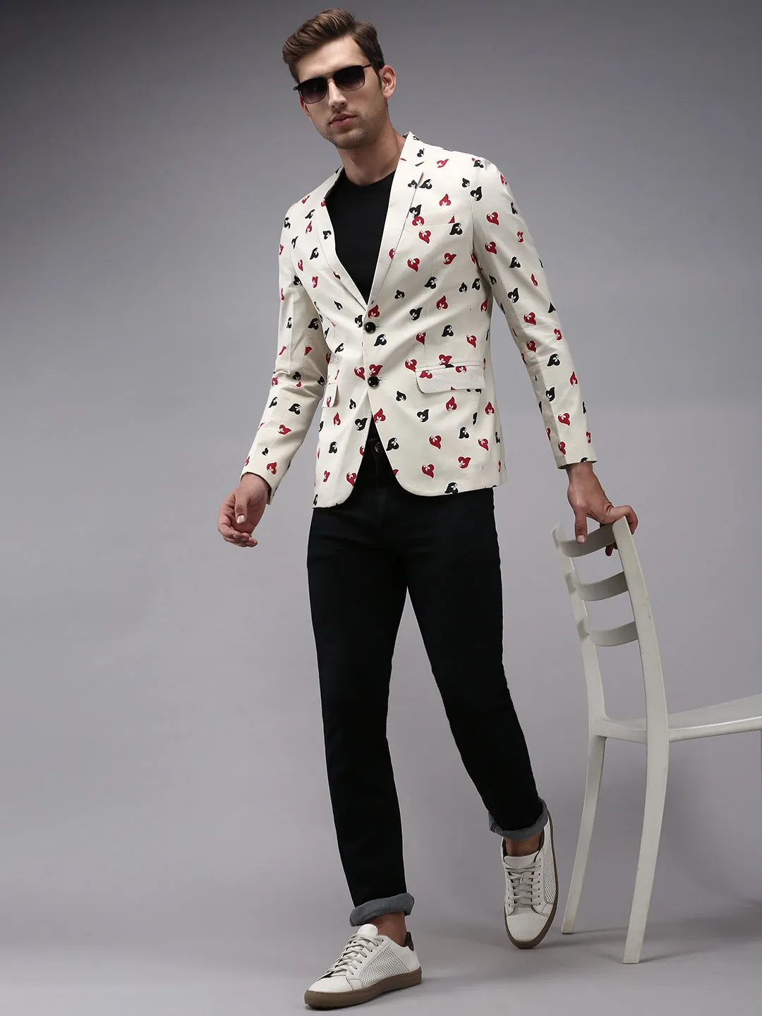 Men Cream Printed Single-Breasted Blazer