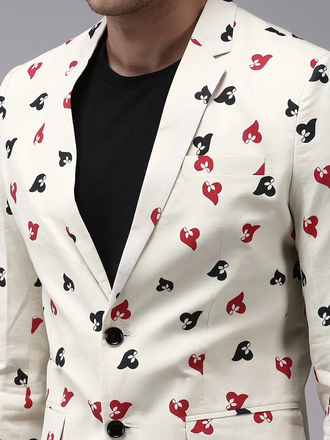 Men Cream Printed Single-Breasted Blazer