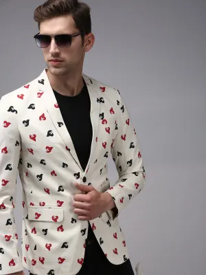 Men Cream Printed Single-Breasted Blazer