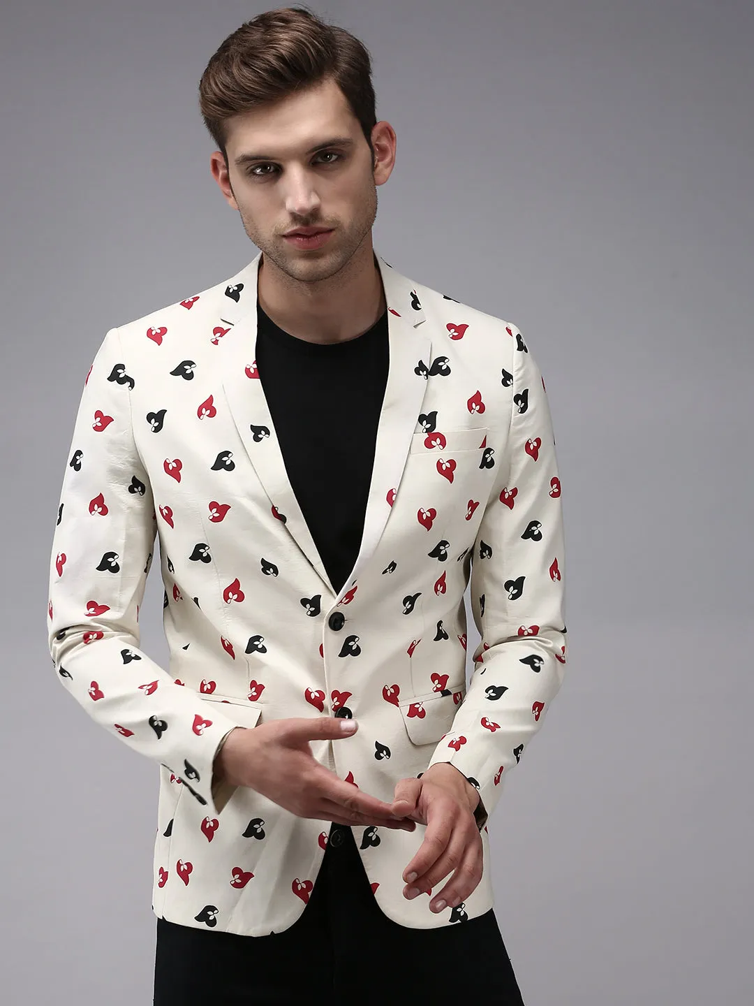 Men Cream Printed Single-Breasted Blazer