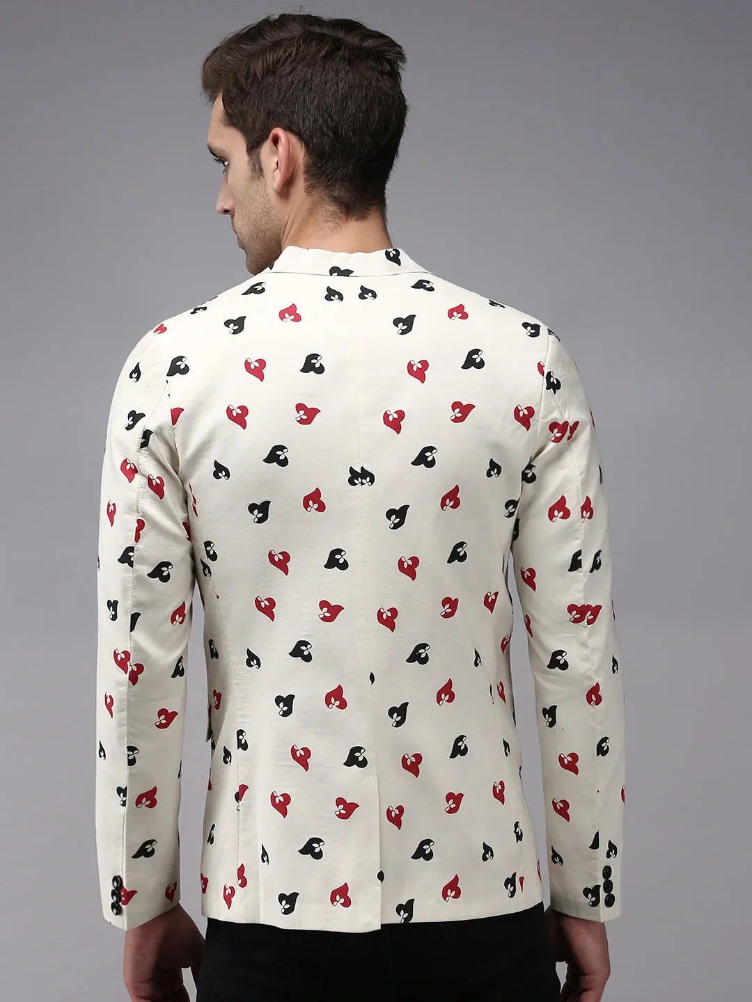 Men Cream Printed Single-Breasted Blazer