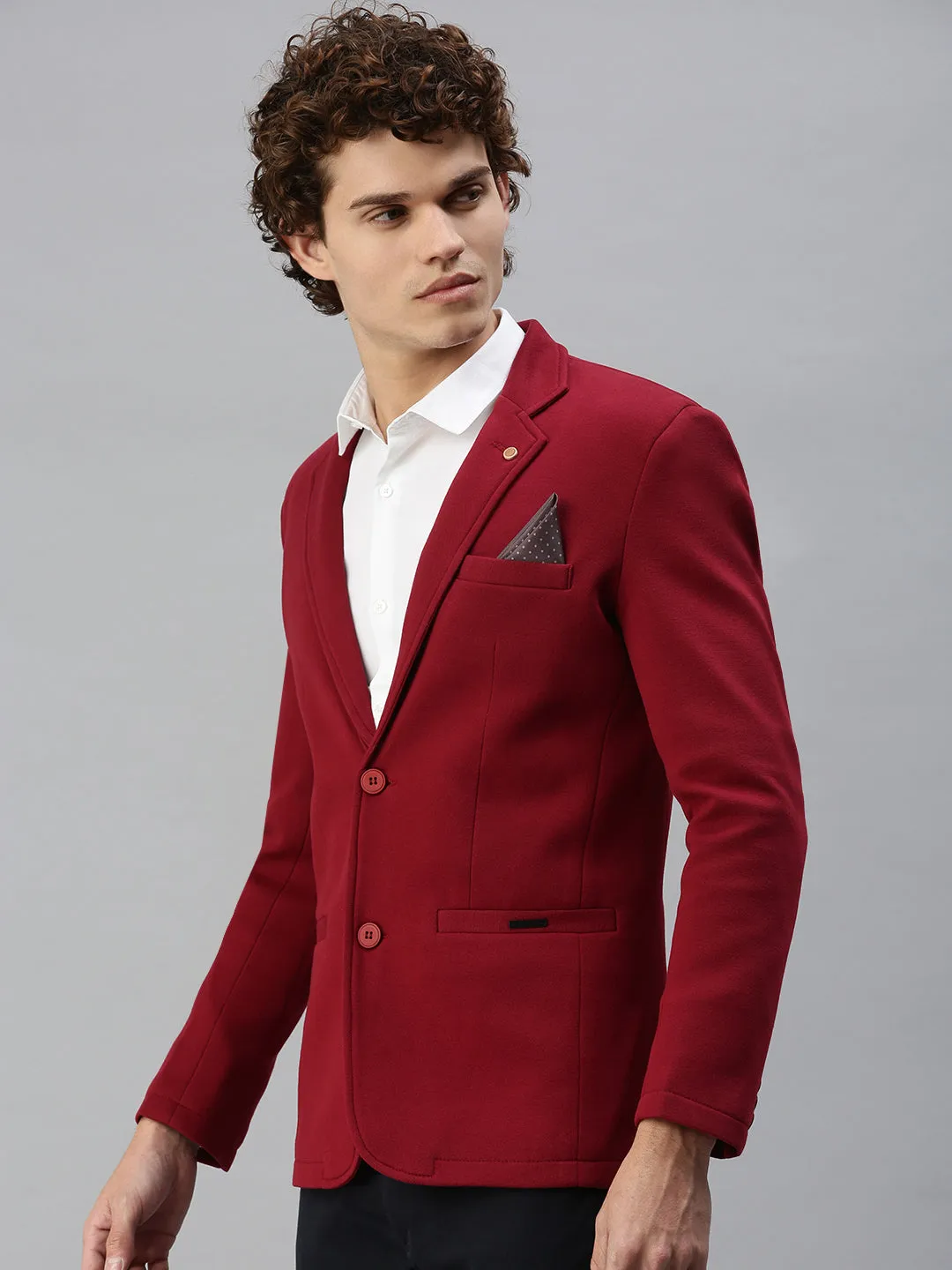 Men Maroon Solid Single-Breasted Slim-Fit Blazer