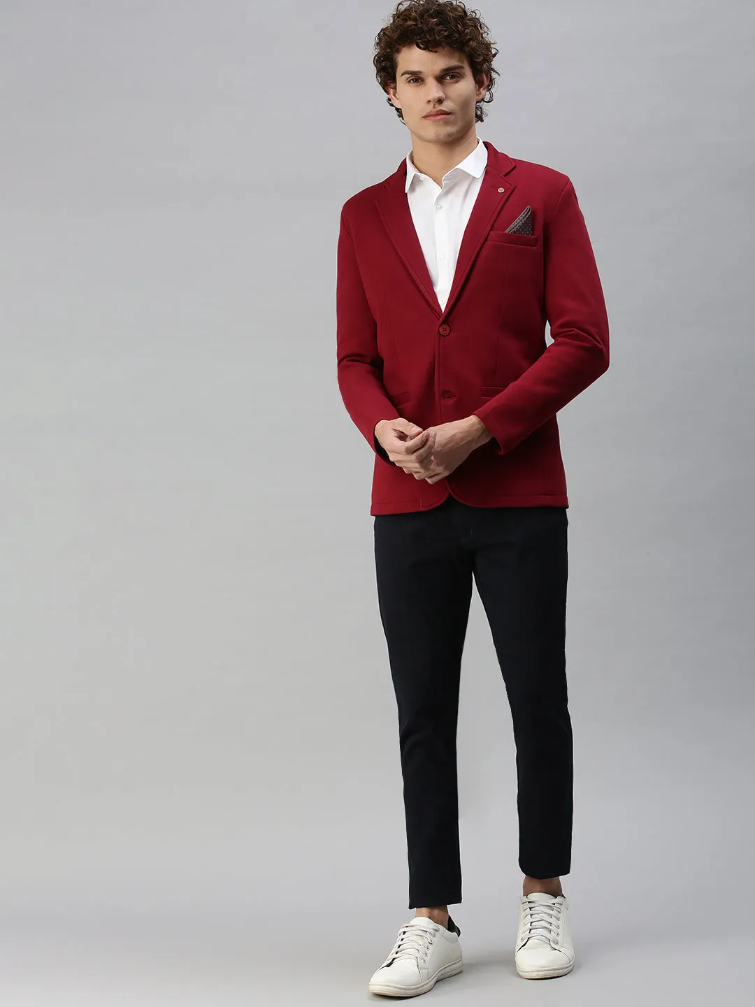 Men Maroon Solid Single-Breasted Slim-Fit Blazer