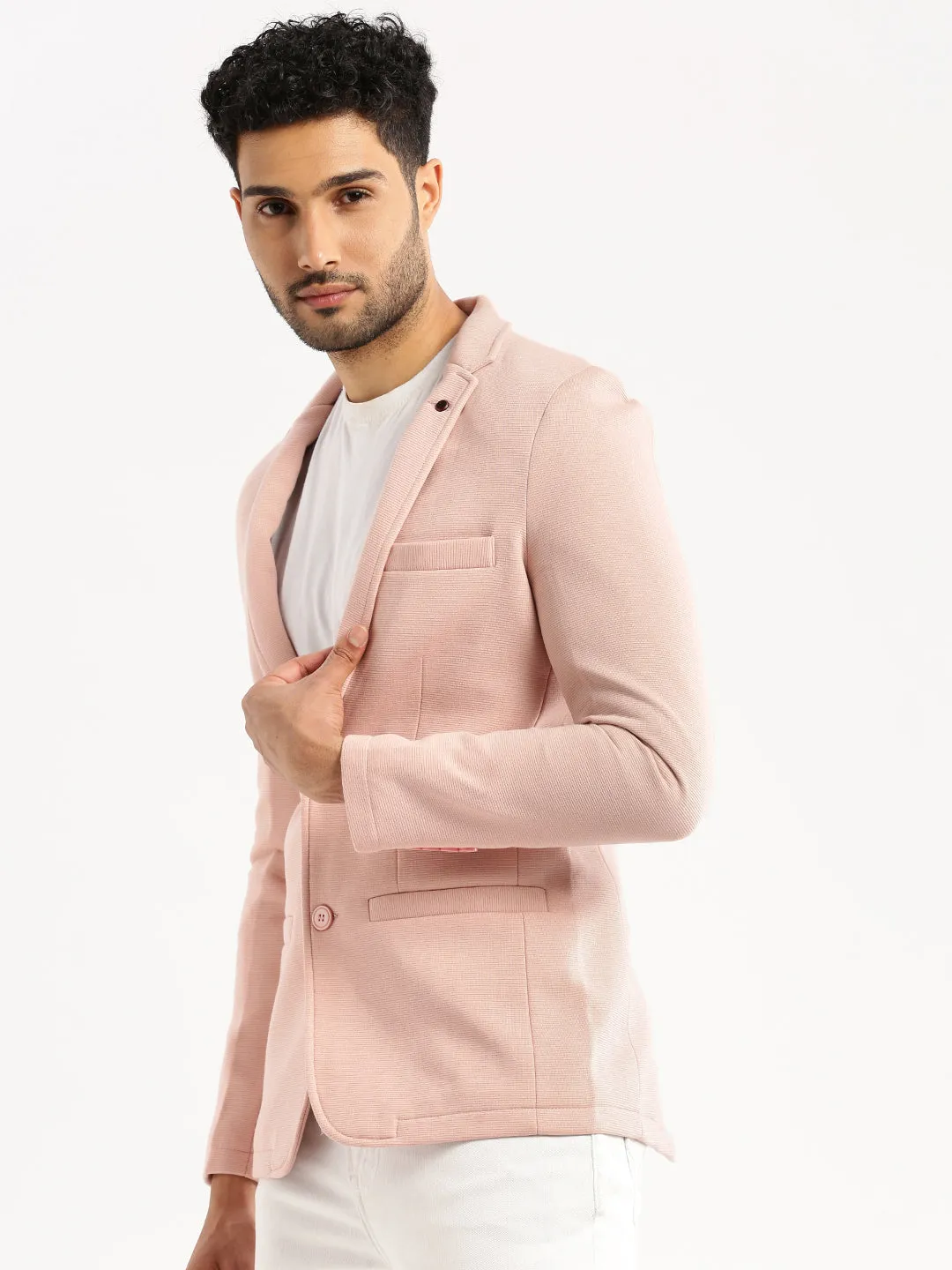 Men Peach Notched Lapel Collar Single-Breasted Corduroy Slim-Fit Blazer