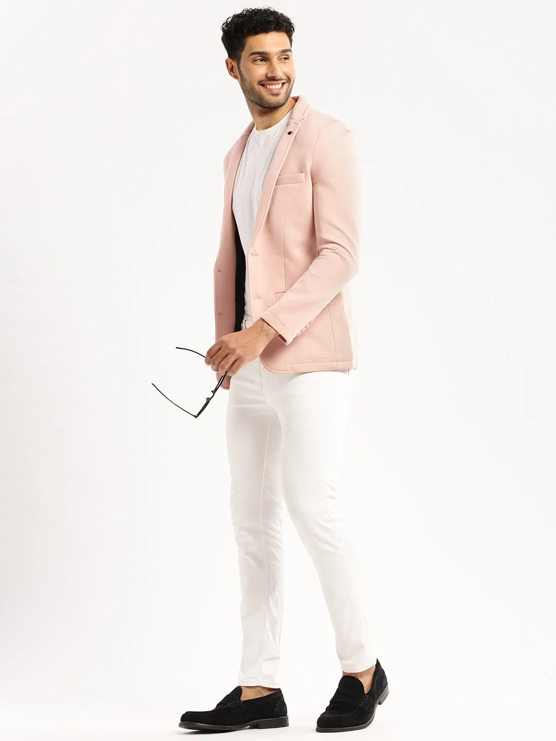 Men Peach Notched Lapel Collar Single-Breasted Corduroy Slim-Fit Blazer