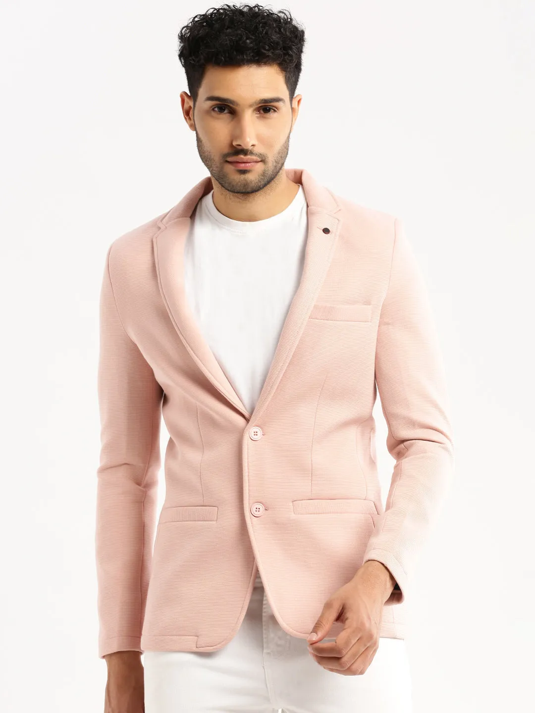 Men Peach Notched Lapel Collar Single-Breasted Corduroy Slim-Fit Blazer