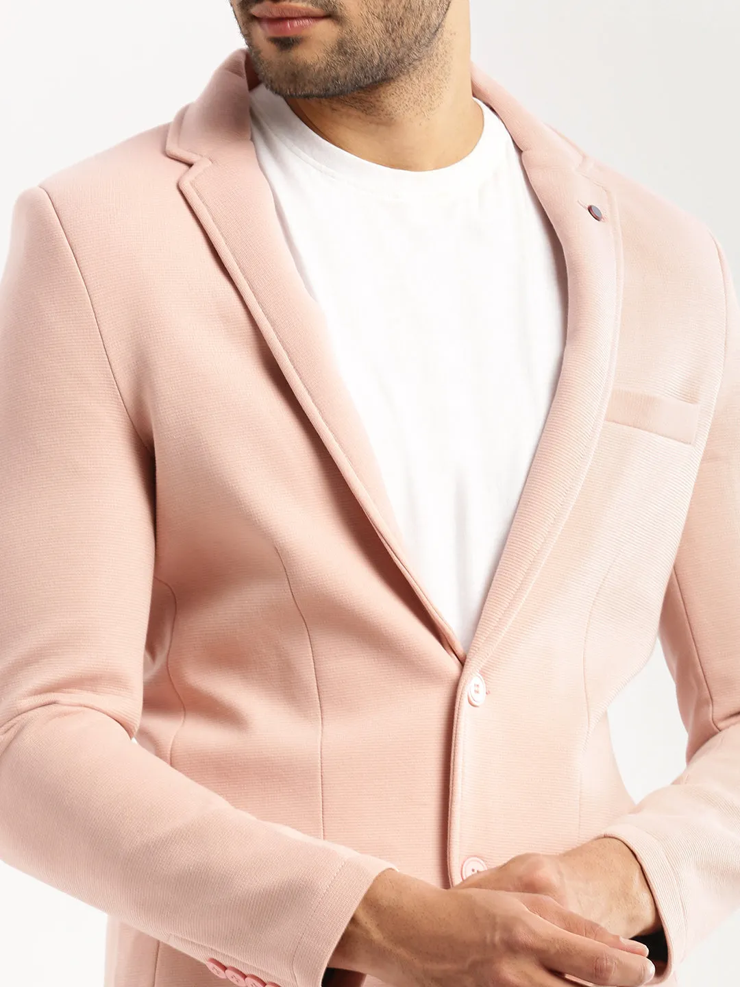 Men Peach Notched Lapel Collar Single-Breasted Corduroy Slim-Fit Blazer