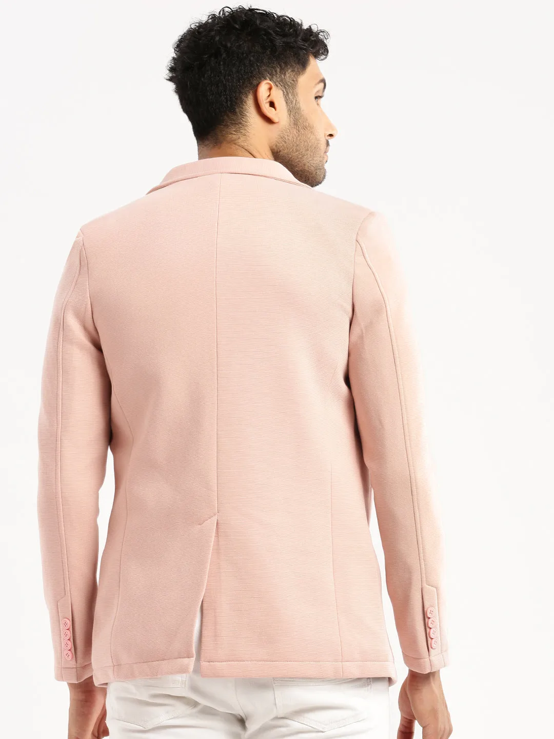 Men Peach Notched Lapel Collar Single-Breasted Corduroy Slim-Fit Blazer