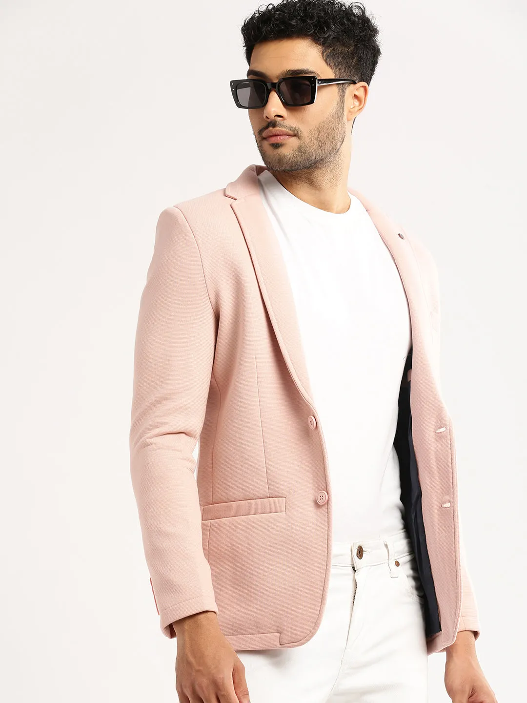 Men Peach Notched Lapel Collar Single-Breasted Corduroy Slim-Fit Blazer