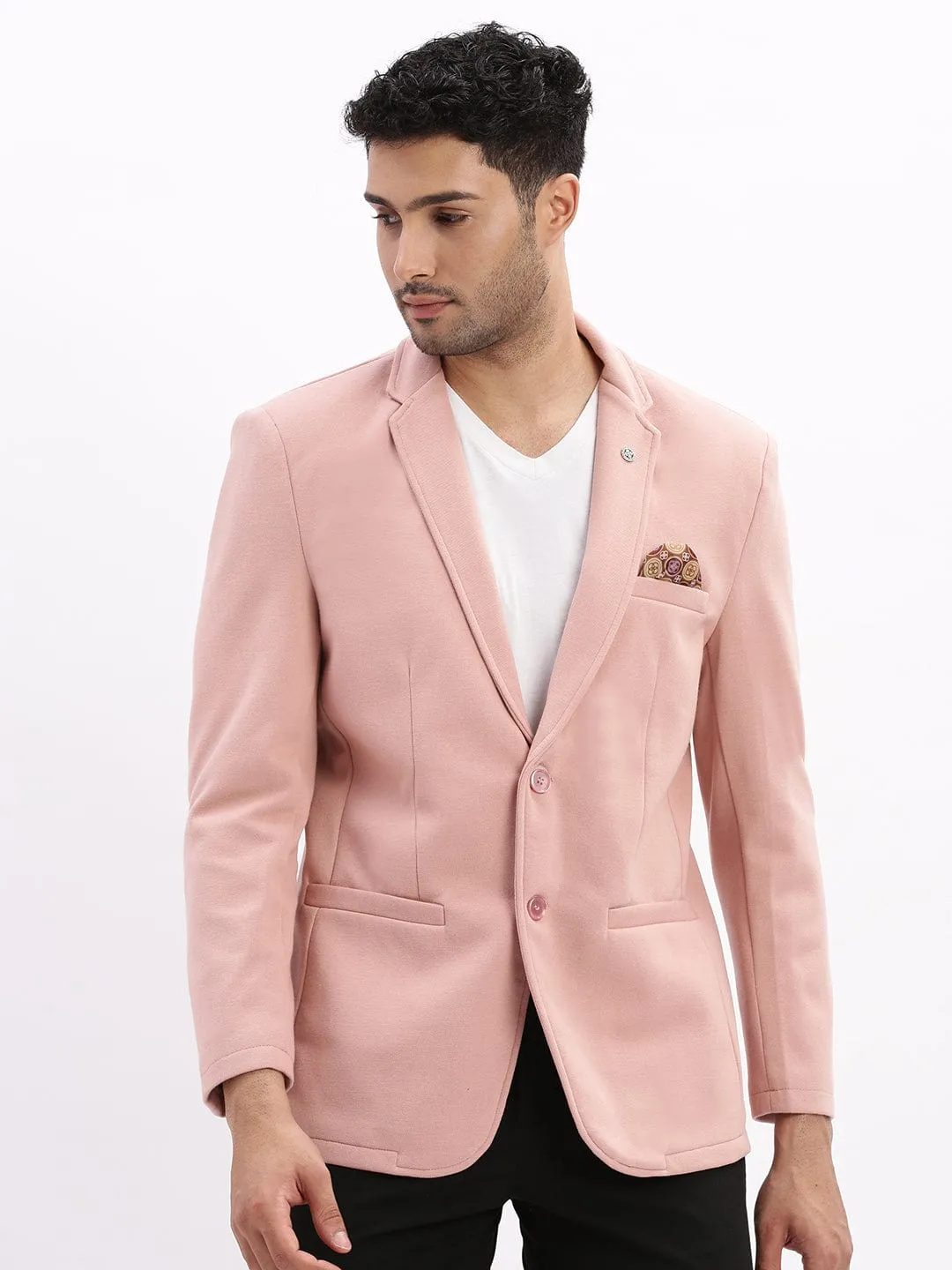 Men Peach Slim-Fit Single-Breasted Notched Lapel Collar Casual Blazer