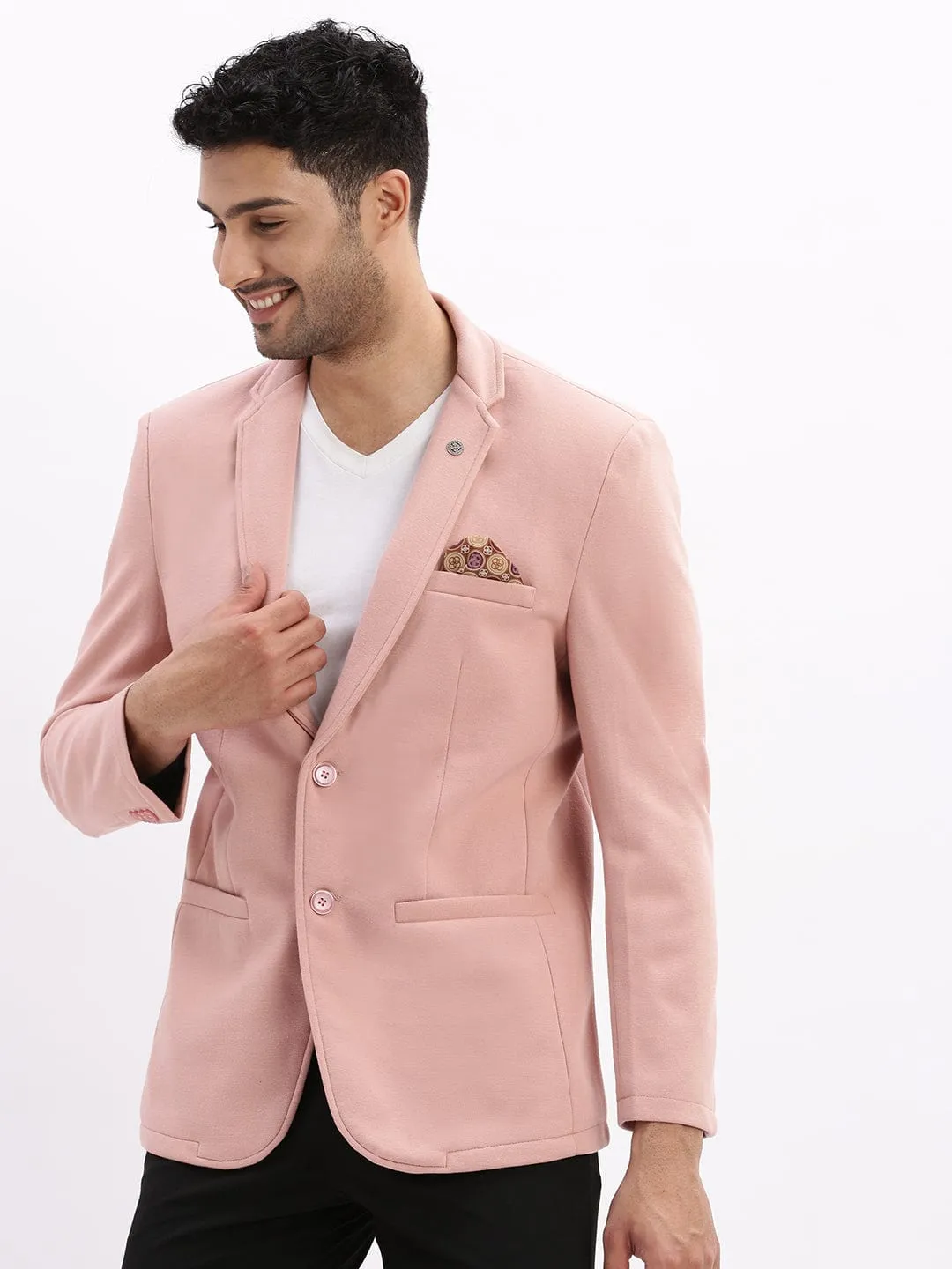 Men Peach Slim-Fit Single-Breasted Notched Lapel Collar Casual Blazer