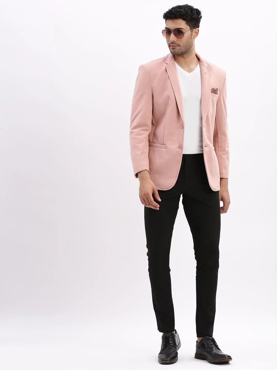 Men Peach Slim-Fit Single-Breasted Notched Lapel Collar Casual Blazer