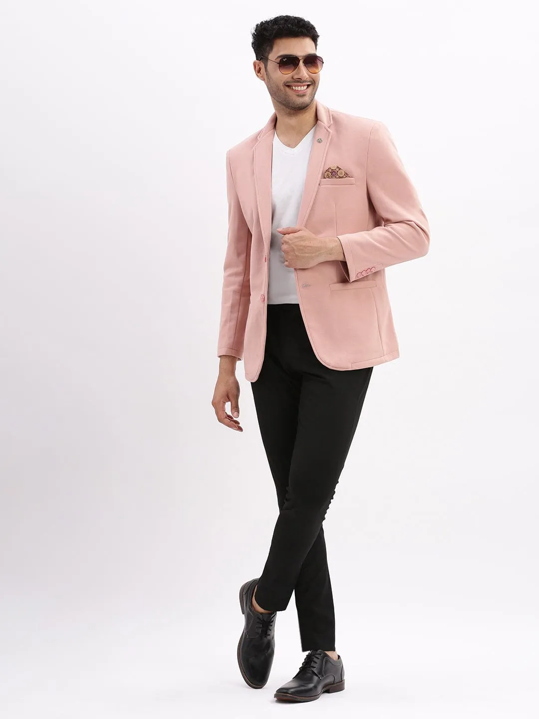 Men Peach Slim-Fit Single-Breasted Notched Lapel Collar Casual Blazer