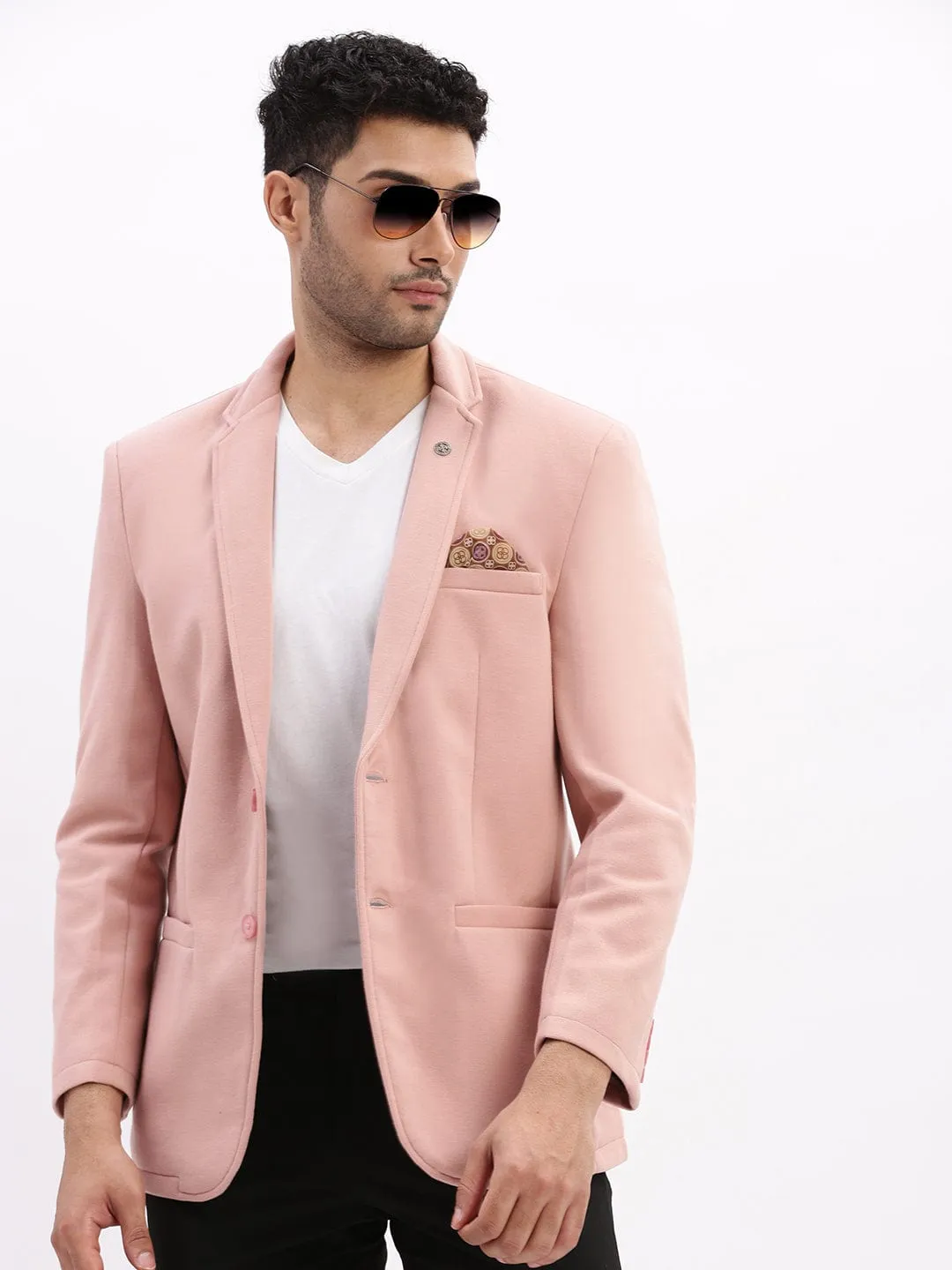 Men Peach Slim-Fit Single-Breasted Notched Lapel Collar Casual Blazer