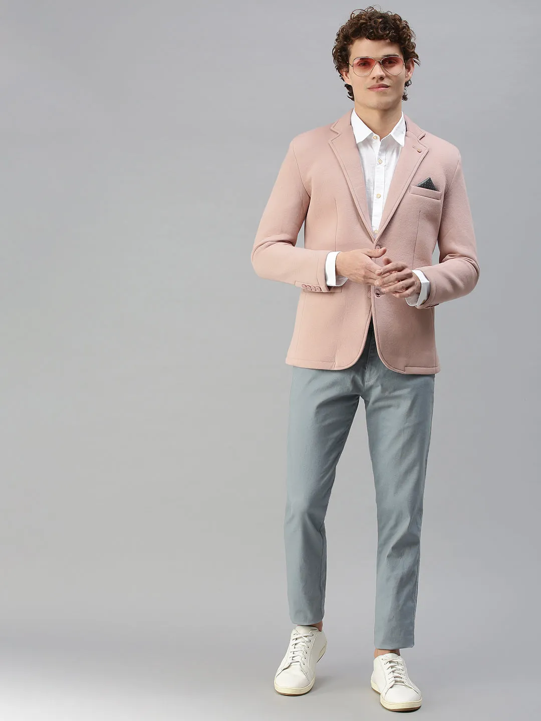Men Pink Solid Notched Lapel Single-Breasted Slim-Fit Blazer
