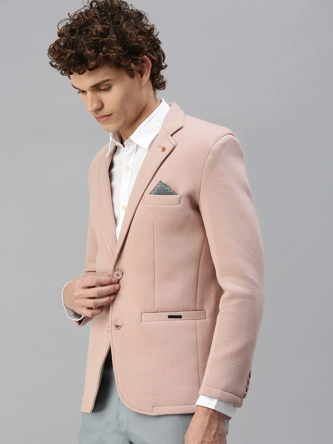 Men Pink Solid Notched Lapel Single-Breasted Slim-Fit Blazer