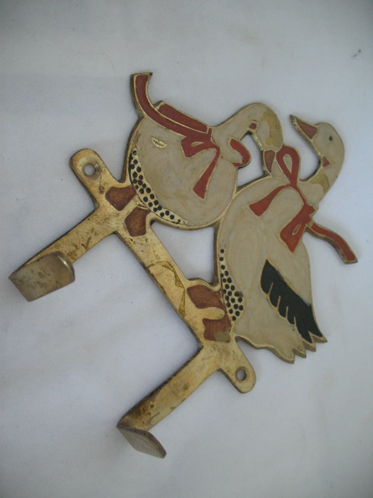 VINTAGE Old BRASS METAL Enamel DUCK GOOSE GEESE DUCKLING Wall Hanging Hook Hang